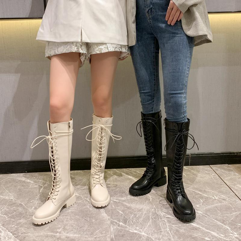 Bottes hautes à lacets Crème