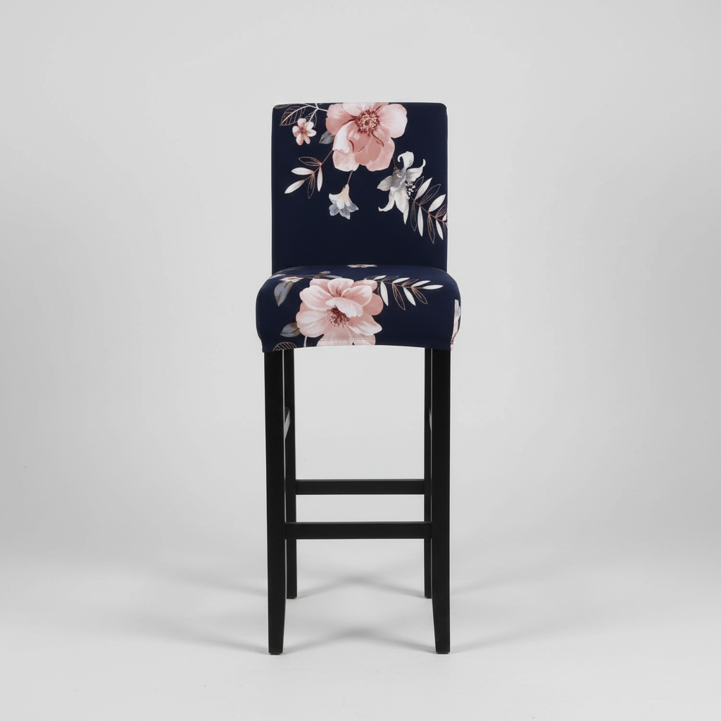 Housse Tabouret de Bar Extensible - Motif Florale Bleu Marine et Rose