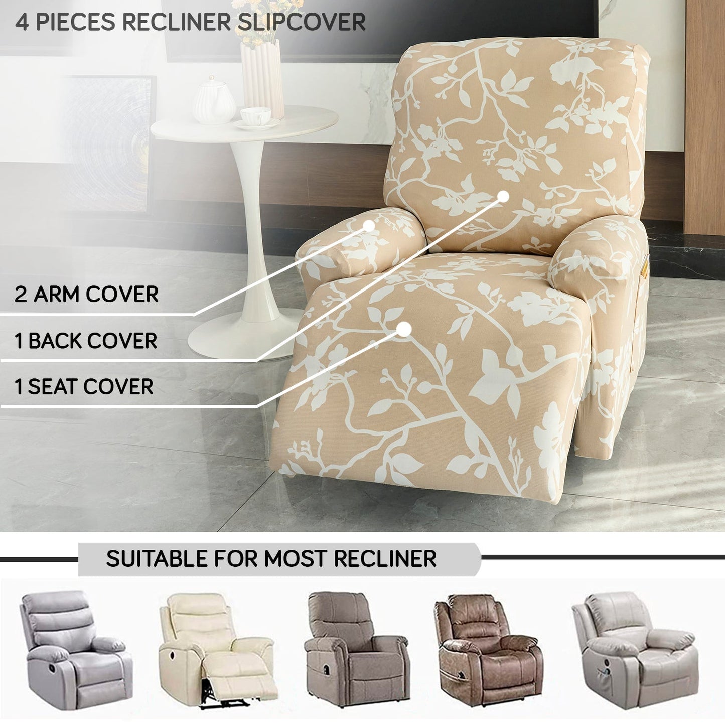 Housse de Fauteuil Relax - Marron Chamois - Motif Floral Silhouette