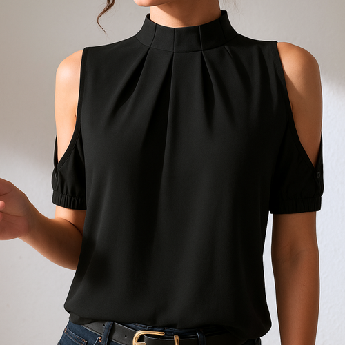 Inge™ | Blouse Plissée Noire avec Manches Fendues