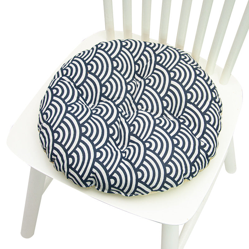 Coussin de chaise rond à cinq cercles en polyester imprimé lin et coton, pour baie vitrée.