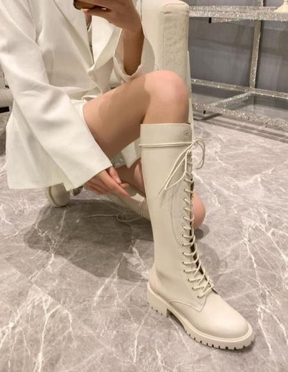 Bottes hautes à lacets Crème