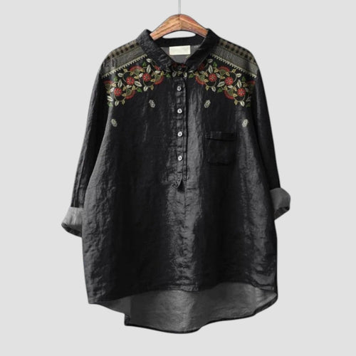 Carina | Chemise noire oversize avec broderie florale pour un style élégant et décontracté