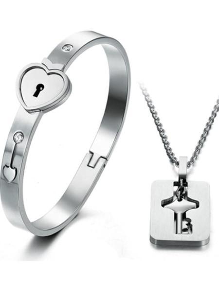 Bracelet et collier de couple - Cadenas cœur