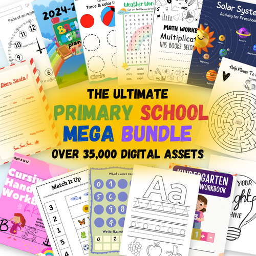 Le Mega Bundle Ultime pour l'ÉCOLE PRIMAIRE - Cahiers d'activités et pages à colorier en téléchargement numérique pour enfants avec droits de revente MRR Master 35(en anglais)