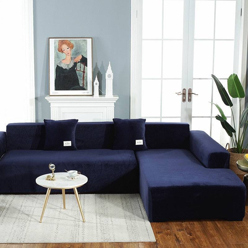 Housse de Canapé d'Angle <br/> Velours - Bleu Marine