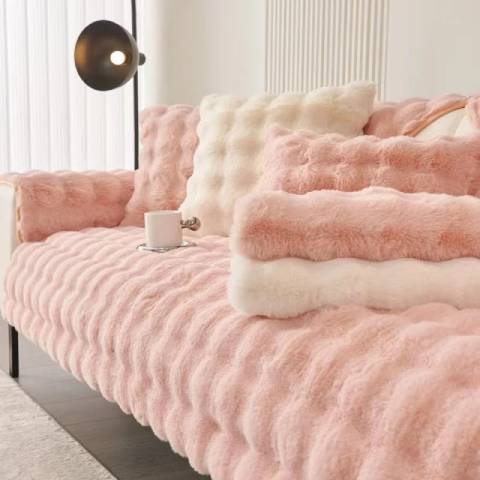 Housse de Canapé Ultra Douce en Fausse Fourrure - Rose Poudré