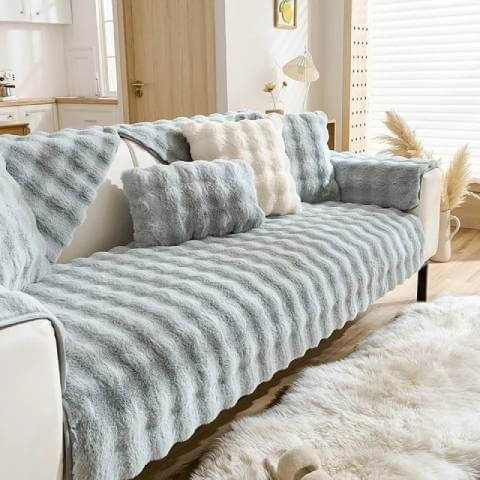 Housse de Canapé Ultra Douce en Fausse Fourrure - Gris