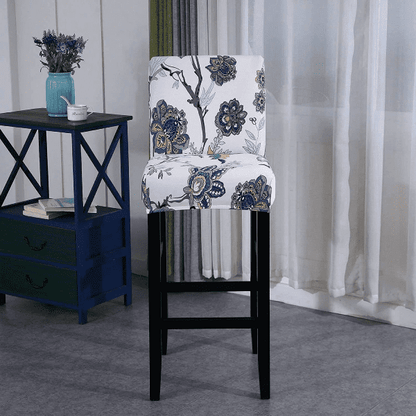 Housse de Tabouret de Bar Extensible - Motif Floral Bleu et Gris - Confort et Style Moderne