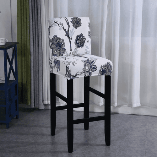 Housse de Tabouret de Bar Extensible - Motif Floral Bleu et Gris - Confort et Style Moderne