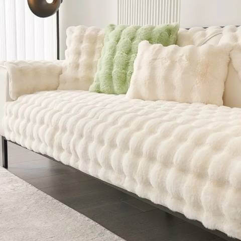 Housse de Canapé Ultra Douce en Fausse Fourrure - Blanc