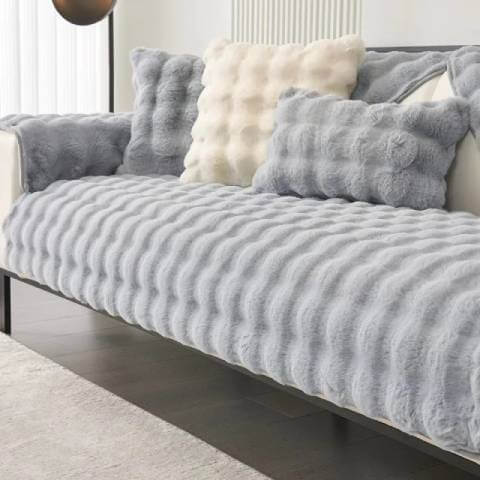Housse de Canapé Ultra Douce en Fausse Fourrure - Gris