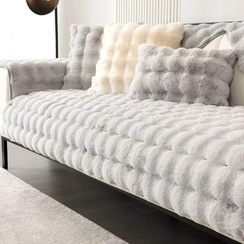 Housse de Canapé Ultra Douce en Fausse Fourrure - Gris Clair