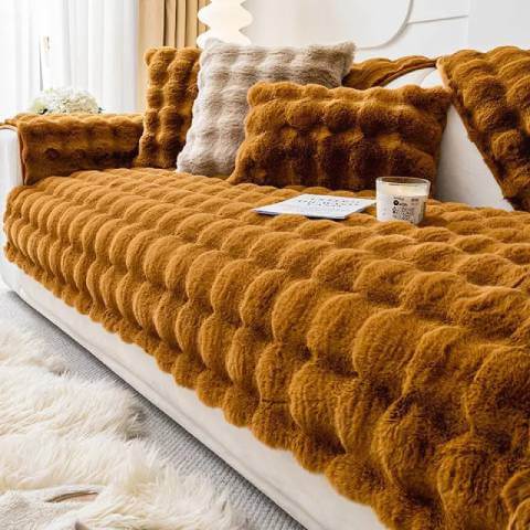 Housse de Canapé Ultra Douce en Fausse Fourrure - Marron