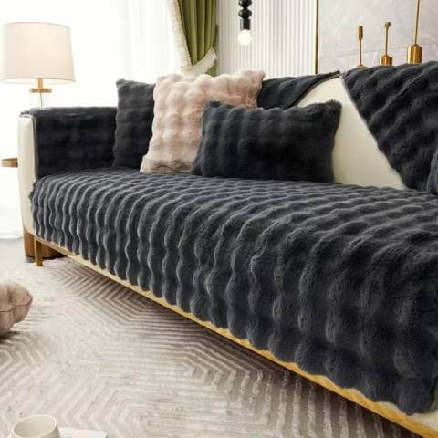 Housse de Canapé Ultra Douce en Fausse Fourrure - Noire
