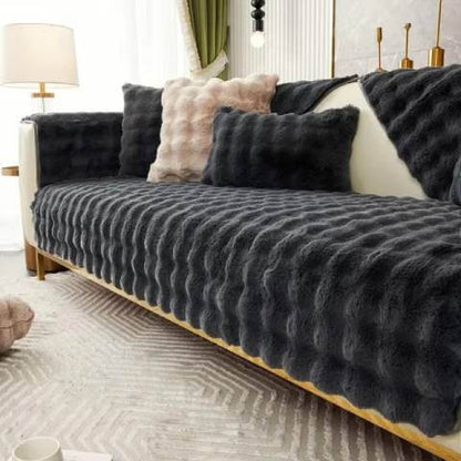 Housse de Canapé Ultra Douce en Fausse Fourrure - Noire