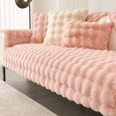Housse de Canapé Ultra Douce en Fausse Fourrure - Rose Poudré