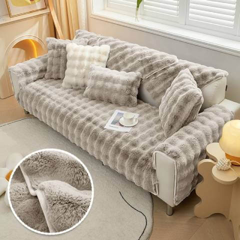 Housse de Canapé Ultra Douce en Fausse Fourrure - Gris Clair