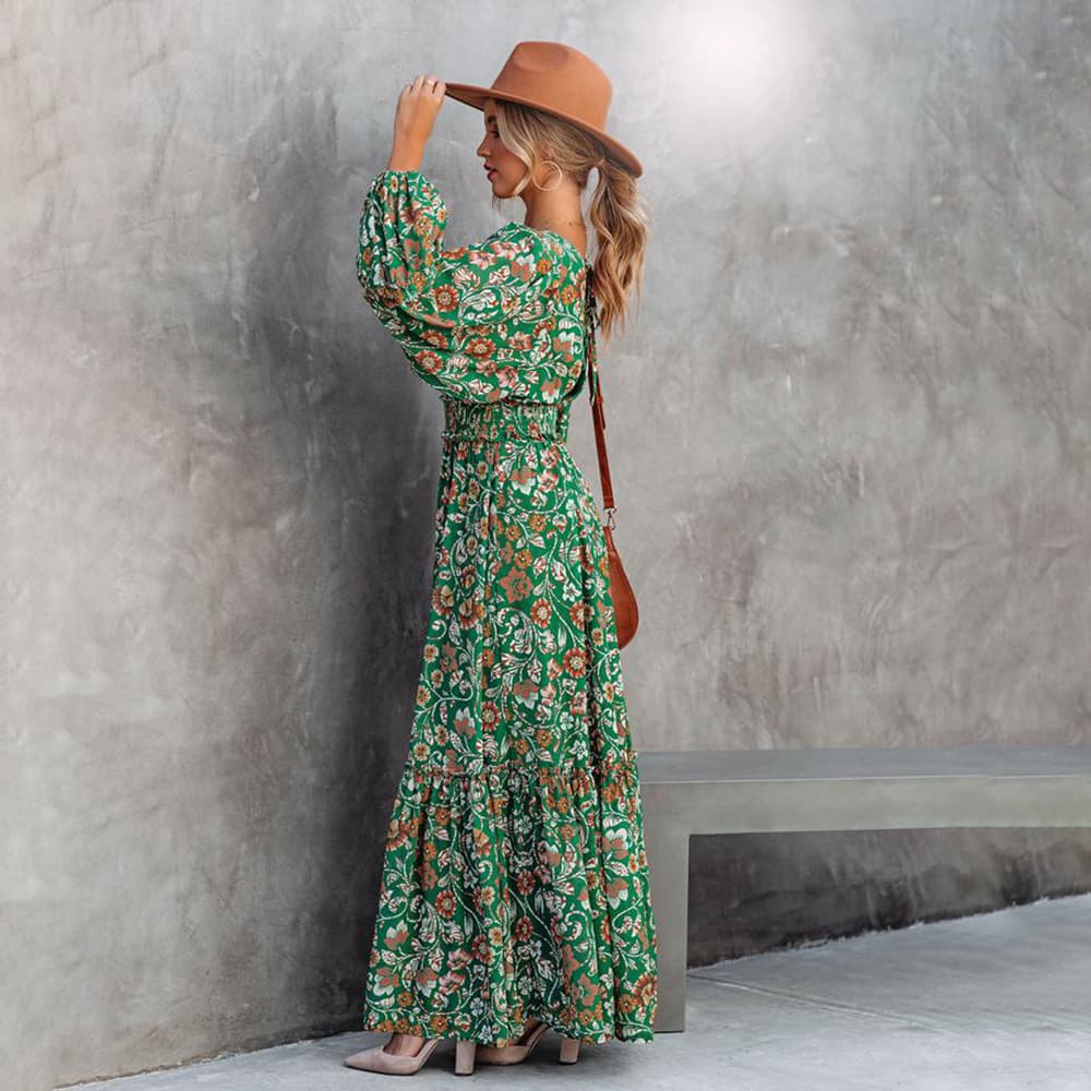 Robe longue fleurie verte