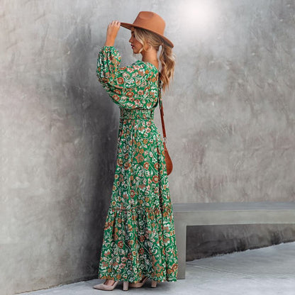 Robe longue fleurie verte