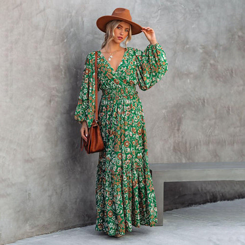 Robe longue fleurie verte