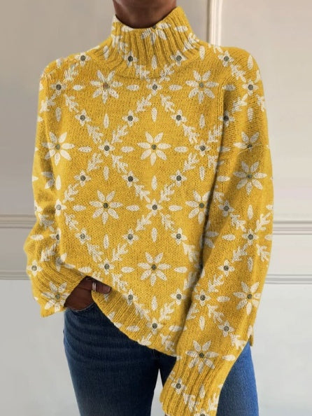 Pull col roulé en tricot imprimé fleurs couleur vintage