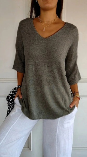 Blouse en tricot unie pour femmes avec manches 3/4 et décolleté en V