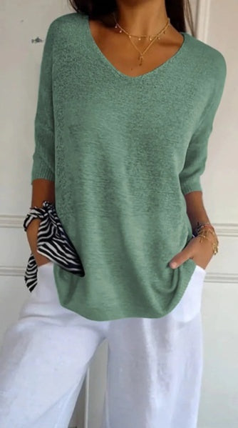 Blouse en tricot unie pour femmes avec manches 3/4 et décolleté en V