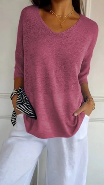 Blouse en tricot unie pour femmes avec manches 3/4 et décolleté en V