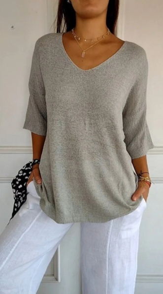 Blouse en tricot unie pour femmes avec manches 3/4 et décolleté en V