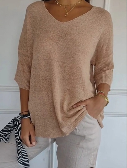 Blouse en tricot unie pour femmes avec manches 3/4 et décolleté en V