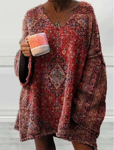 Pull décontracté en impression artistique vintage pour femmes