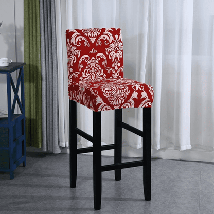 Housse de Tabouret de Bar Extensible avec Dossier - Motif Damassé Rouge & Blanc, Ajustement Universel