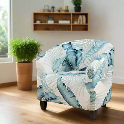 Housse de Fauteuil Club Extensible - Motif Feuillage Tropical Bleu