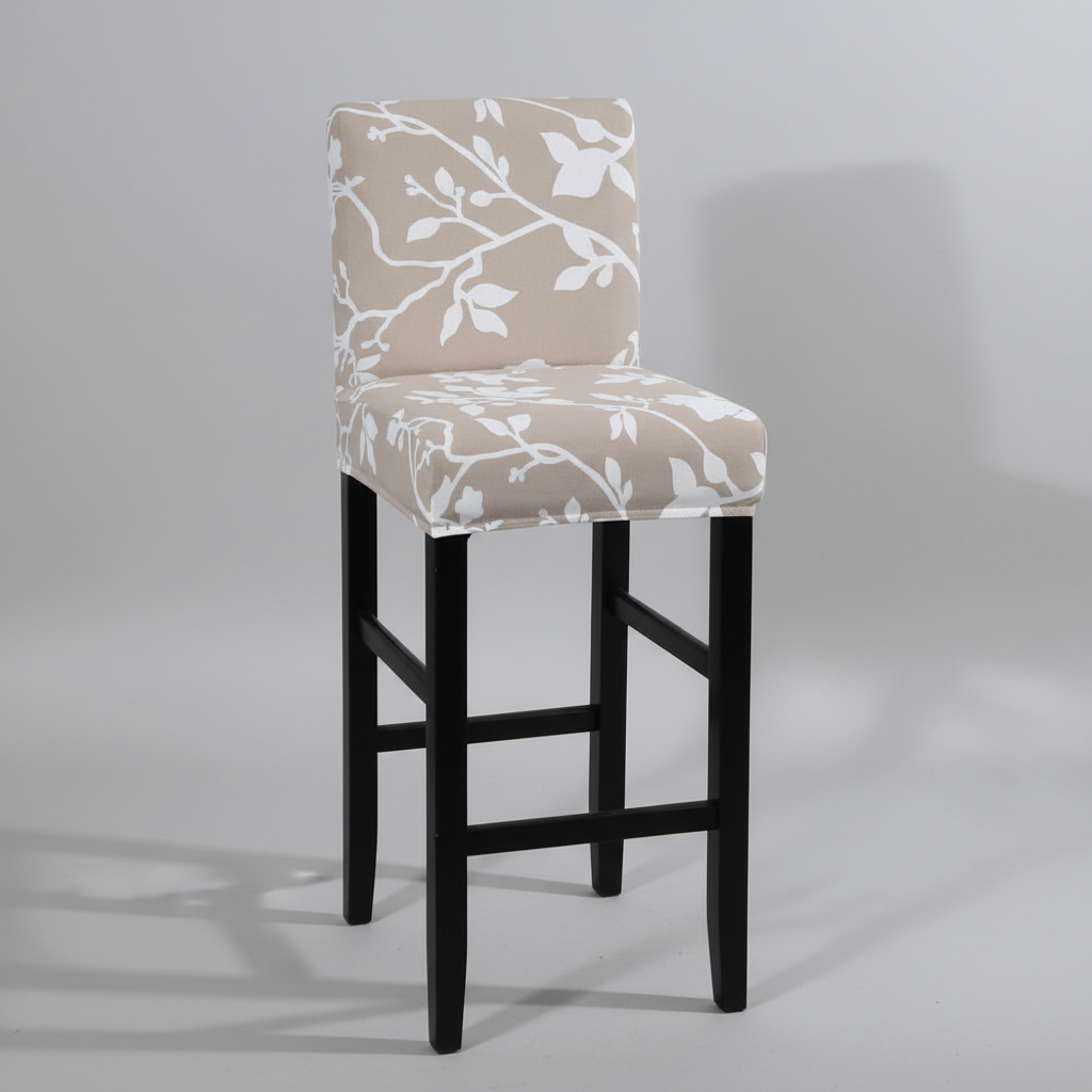 Housse de Tabouret de Bar Extensible Beige à Motifs Floraux Blancs