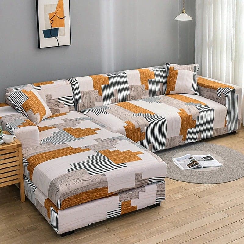 Housse de Canapé d'Angle - Motif - Blanc et Orange