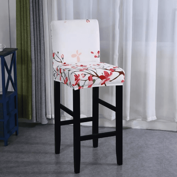 Housse de Tabouret de Bar Extensible Blanche à Motifs Floraux Roses