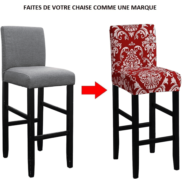 Housse de Tabouret de Bar Extensible avec Dossier - Motif Damassé Rouge & Blanc, Ajustement Universel
