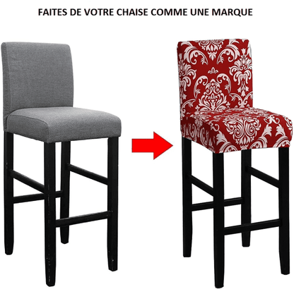 Housse de Tabouret de Bar Extensible avec Dossier - Motif Damassé Rouge & Blanc, Ajustement Universel