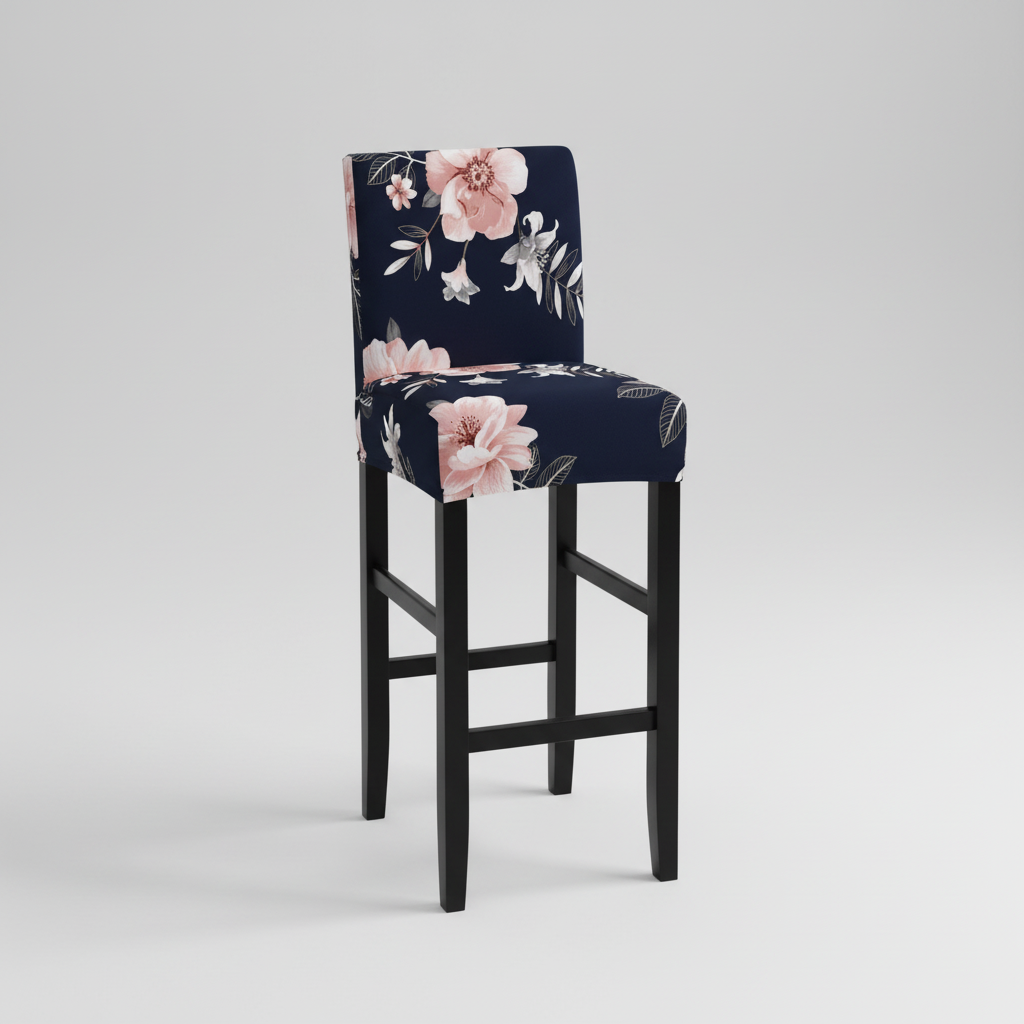 Housse Tabouret de Bar Extensible - Motif Florale Bleu Marine et Rose