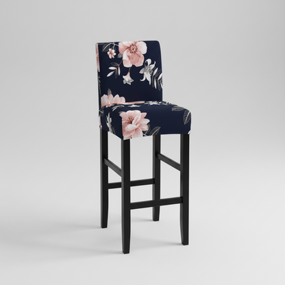 Housse Tabouret de Bar Extensible - Motif Florale Bleu Marine et Rose