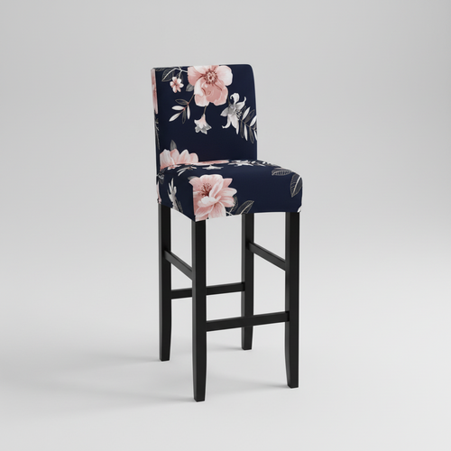 Housse Tabouret de Bar Extensible - Motif Florale Bleu Marine et Rose