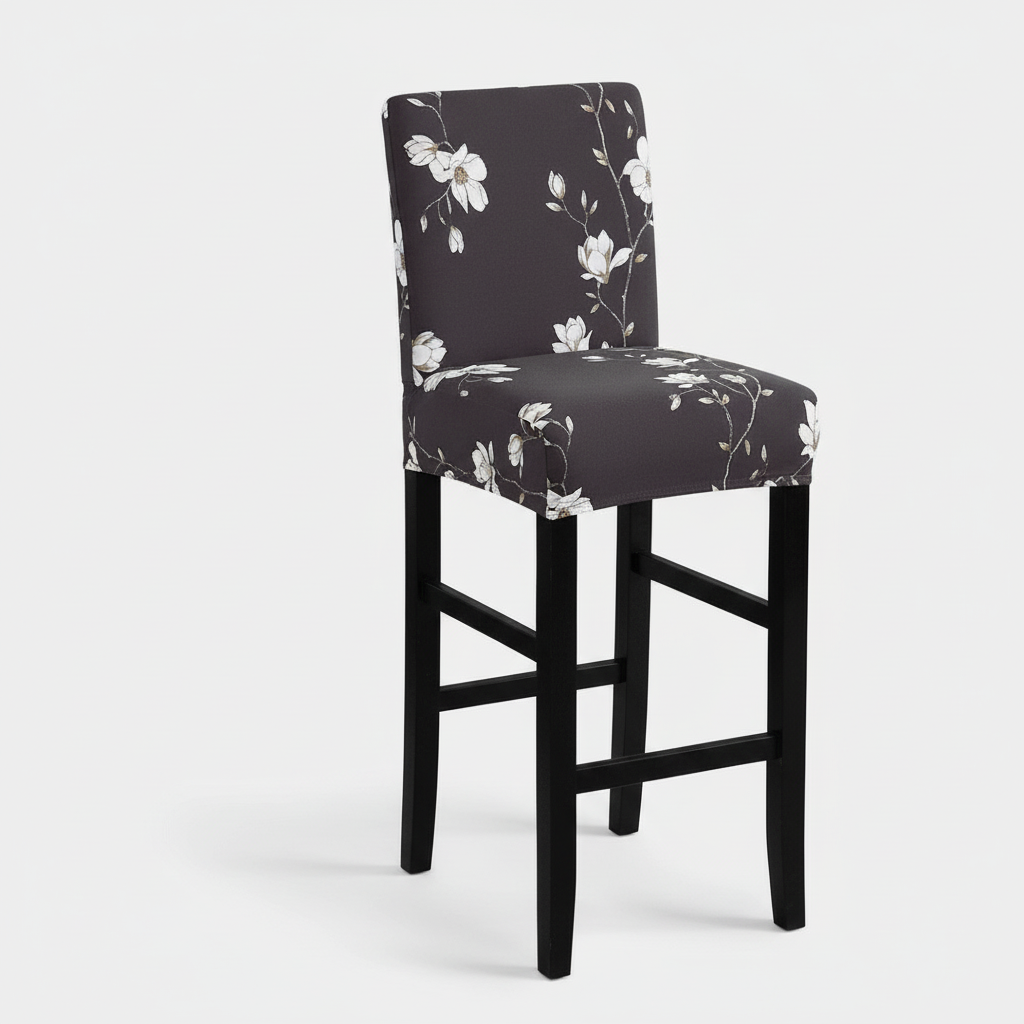 Housse de Tabouret de Bar Extensible Noire à Motifs Floraux Blancs