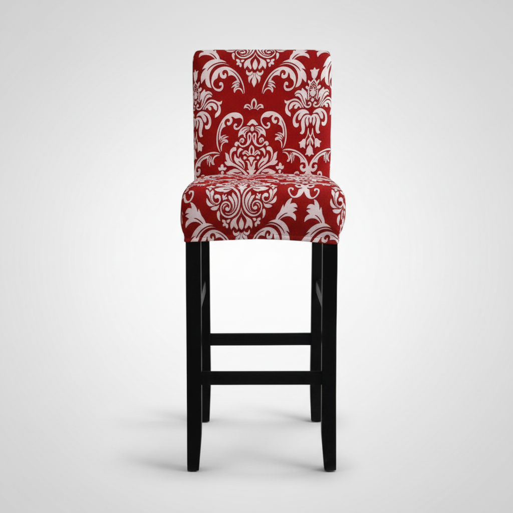 Housse de Tabouret de Bar Extensible avec Dossier - Motif Damassé Rouge & Blanc, Ajustement Universel