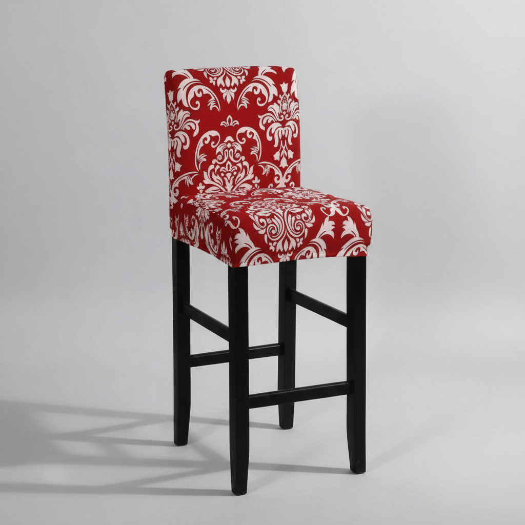 Housse de Tabouret de Bar Extensible avec Dossier - Motif Damassé Rouge & Blanc, Ajustement Universel