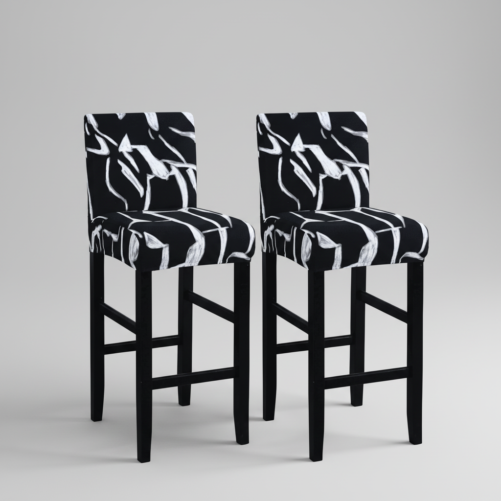 Housse Tabouret de Bar Extensible Noire à Motifs Blancs - Design Moderne & Protection Premium