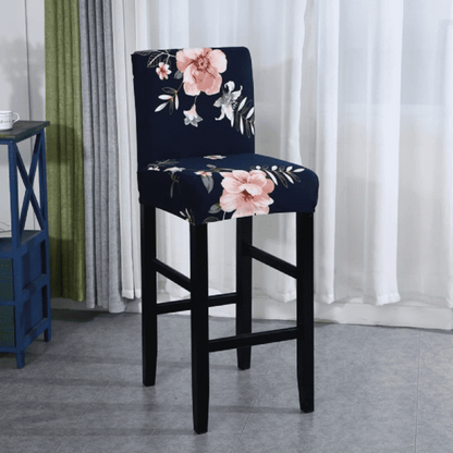 Housse Tabouret de Bar Extensible - Motif Florale Bleu Marine et Rose