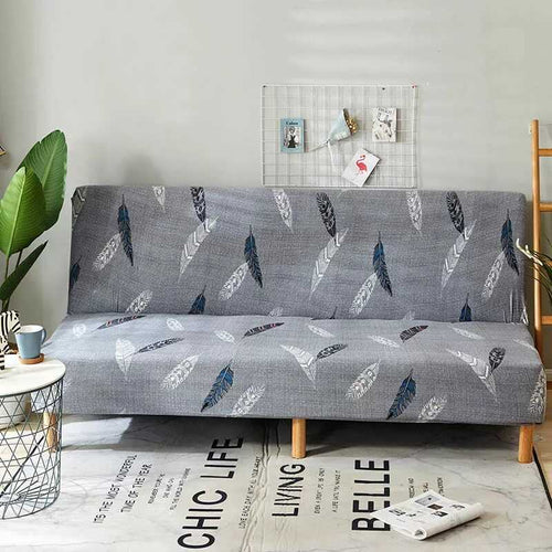 Housse Clic Clac Extensible Grise Motif Plumes - Protection universelle pour Canapé-Lit