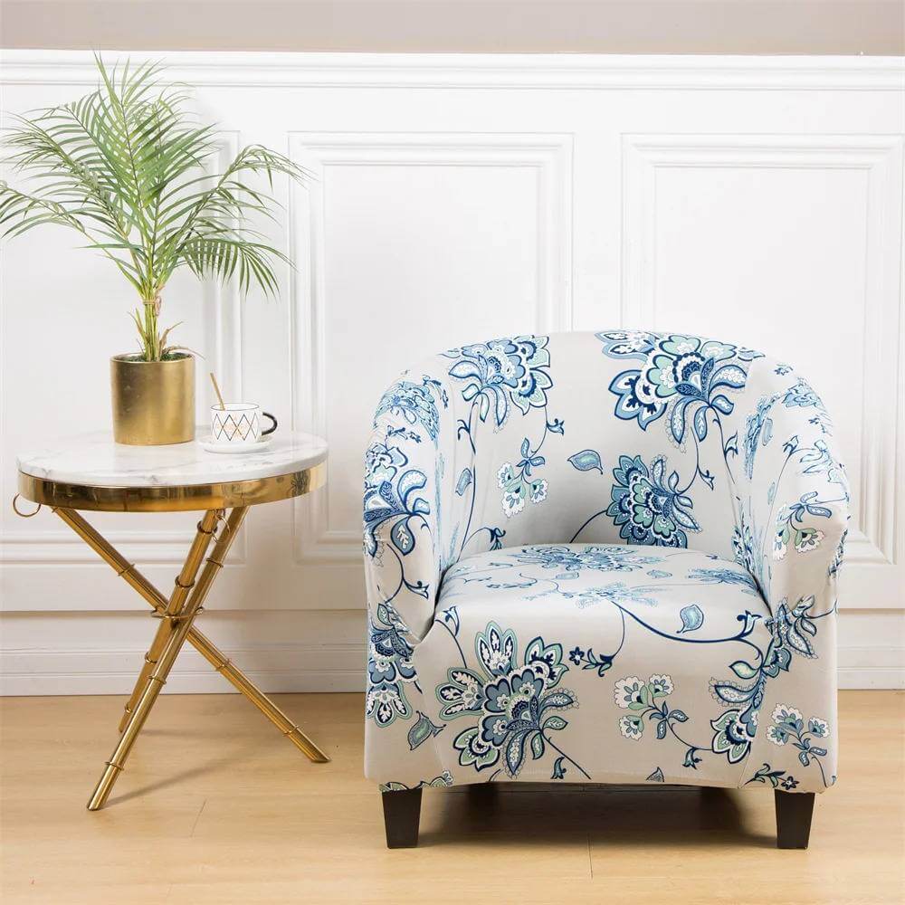 Housse de Fauteuil Club Extensible - Motif Fleuri Bleu Élégant