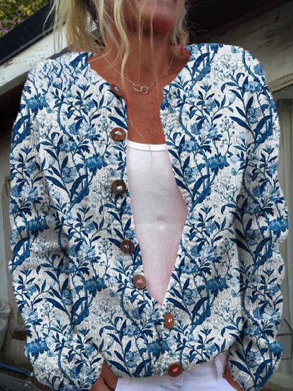 Cardigan élégant à imprimé fleuri bleu et blanc avec boutons